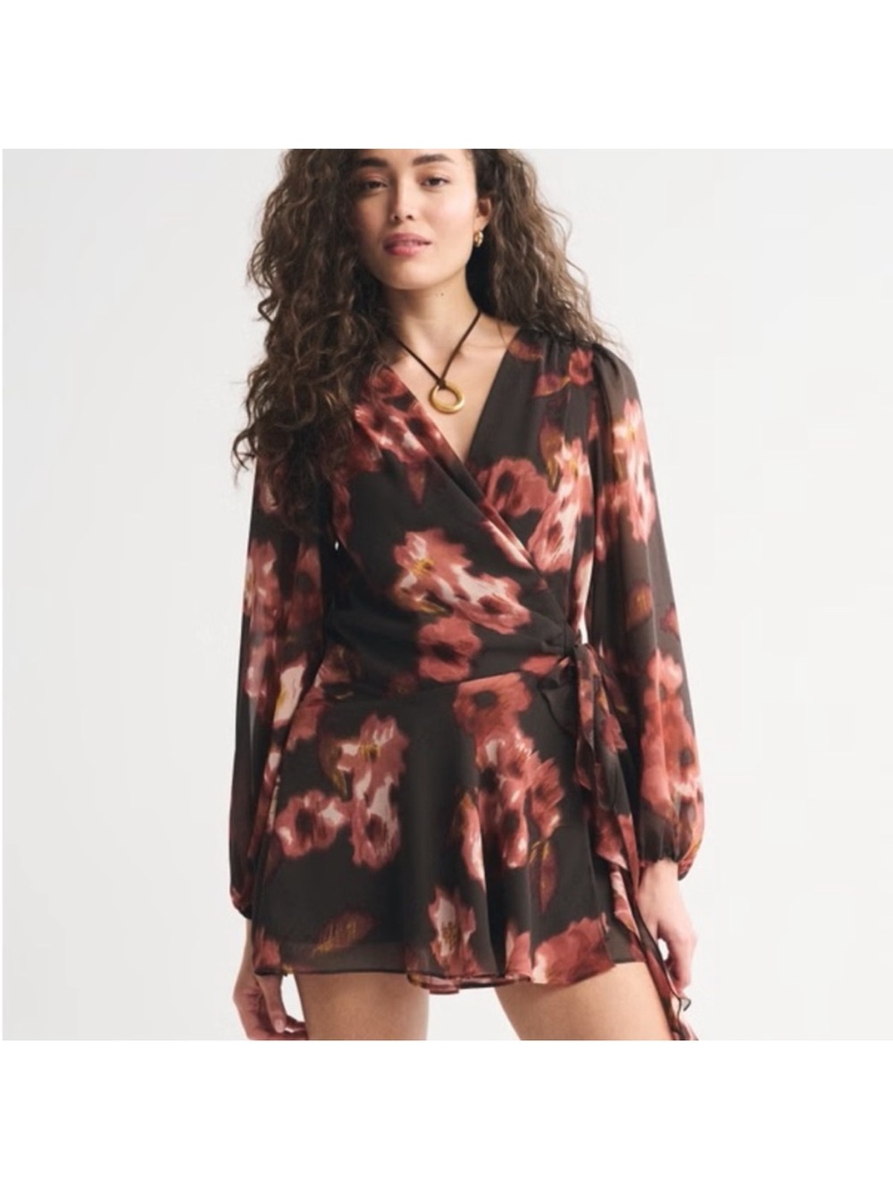 Abercrombie & Fitch Floral Wrap Mini Dress in Brown and Rose